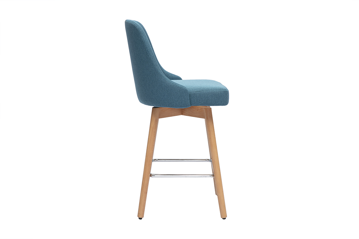 Tabourets de bar scandinaves pivotants 360� en tissu bleu canard et bois h�tre massif H65 cm (lot de 2) HASTA