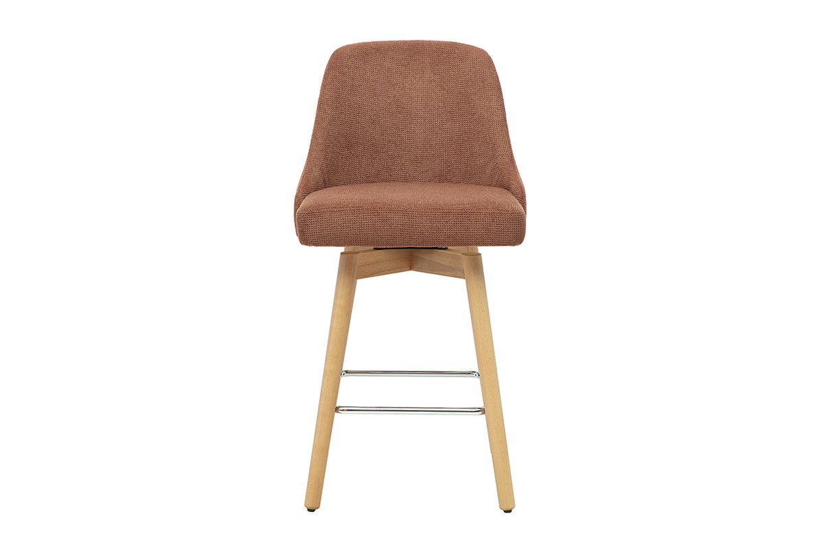 Tabouret de bar scandinave pivotant H65 cm en tissu chenille terre br�l�e et bois h�tre, vue de face.