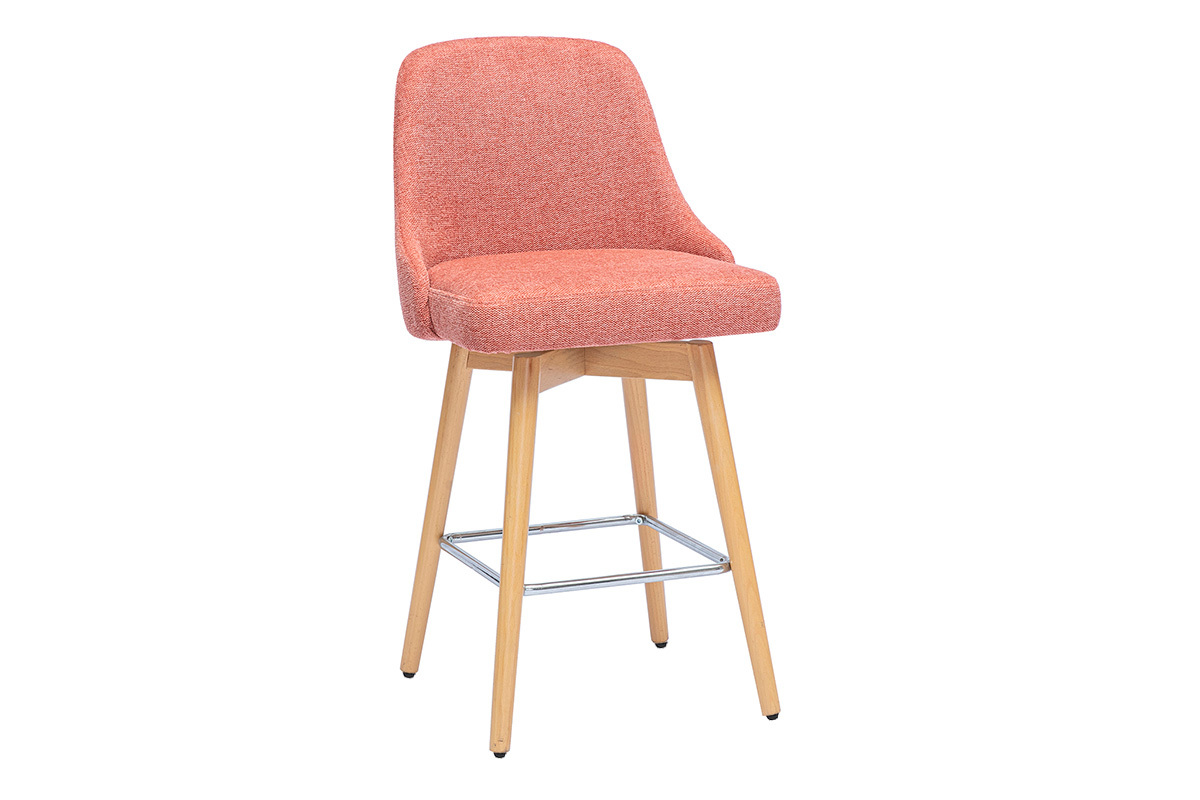 Tabouret de bar scandinave terracotta, pivotant, tissu effet velours, pieds bois h�tre, vue de 3/4.