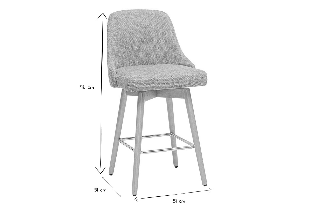 Dimensions d'un tabouret de bar scandinave, hauteur 96 cm, largeur 51 cm, en noir et blanc.