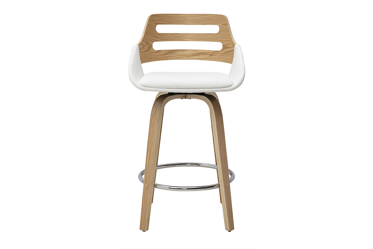 Tabouret de bar scandinave pivotant blanc et bois clair, vue de face, hauteur 65,5 cm.