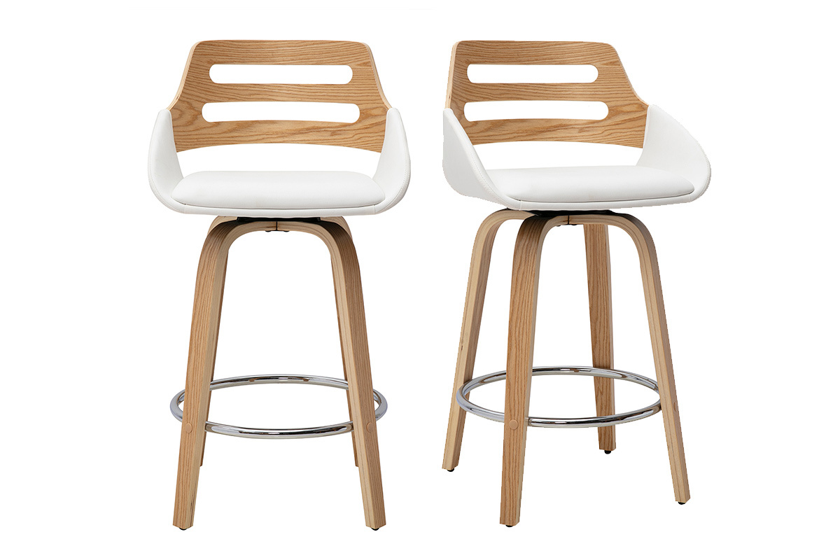 Lot de 2 tabourets de bar scandinaves pivotants blancs et bois clair H65.5 cm, vus de face.