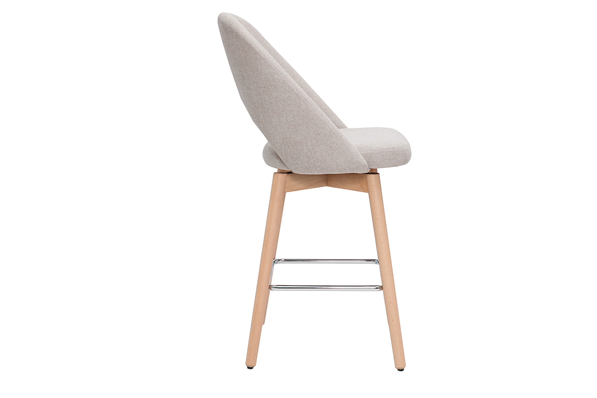 Tabouret de bar scandinave beige, tissu effet velours, pi�tement h�v�a, vue de c�t�.