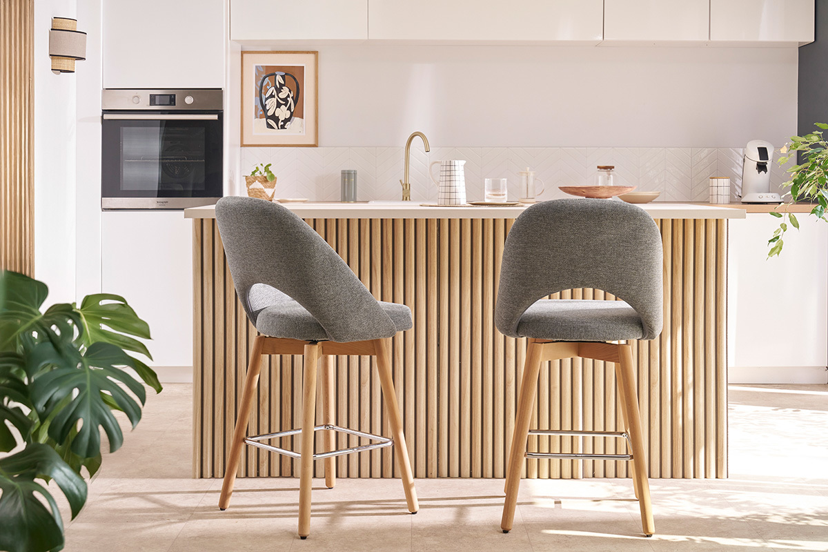 Tabourets de bar scandinaves tissu effet velours textur� gris et h�v�a massif 65 cm (lot de 2) COSETTE