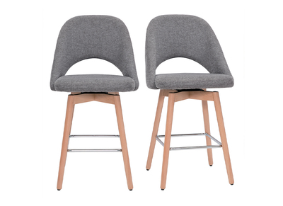 Tabourets de bar scandinaves tissu effet velours textur&eacute; gris et h&eacute;v&eacute;a massif 65 cm (lot de 2) COSETTE