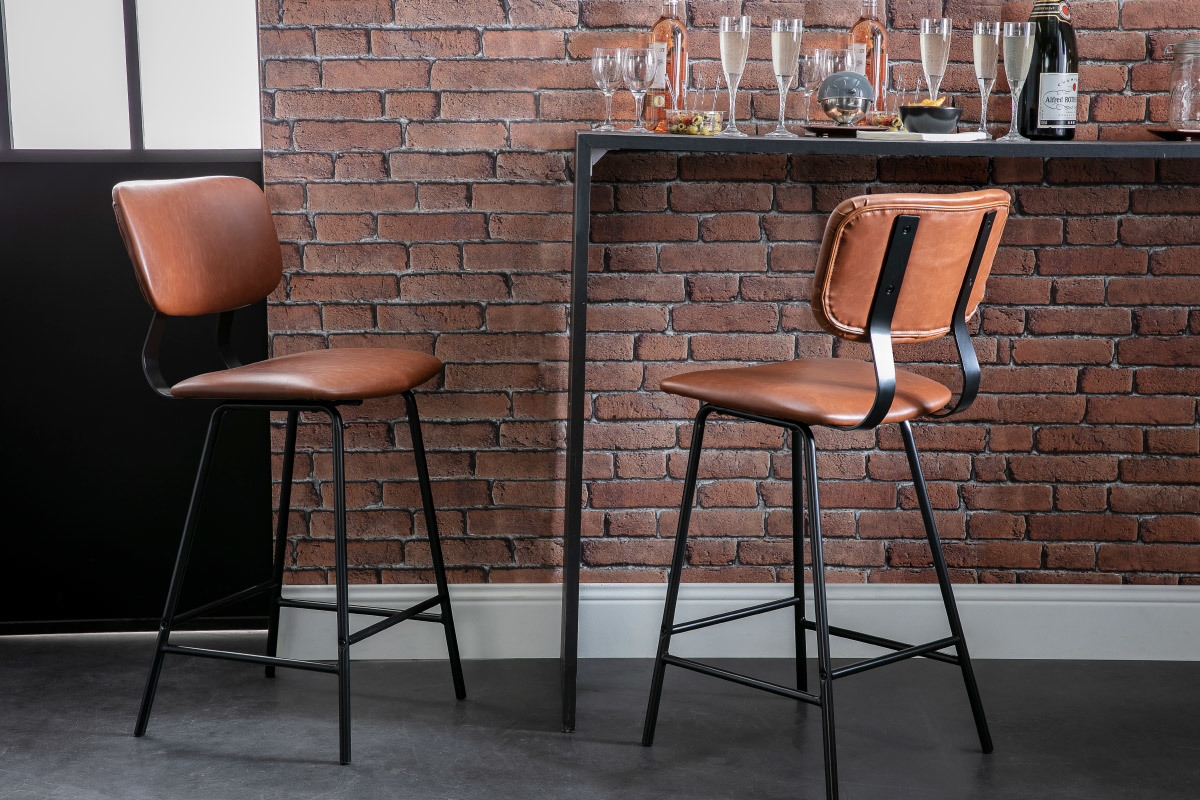 Tabourets de bar vintage marron clair avec pieds m�tal 65 cm (lot de 2) LAB