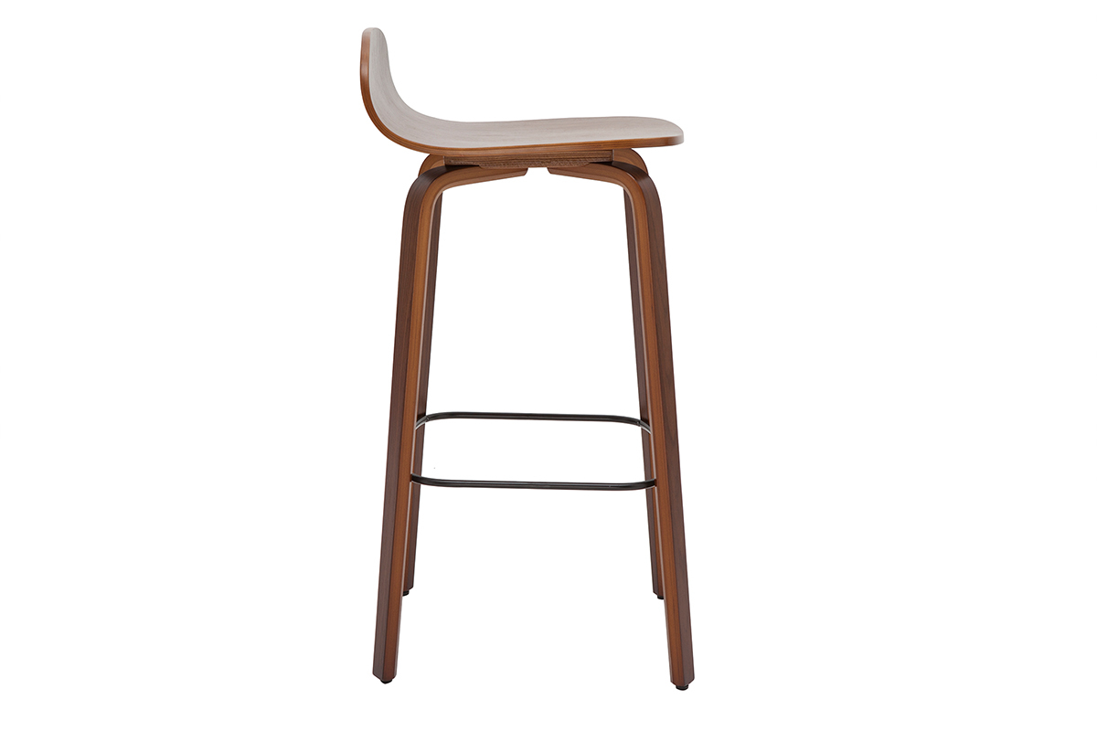 Tabouret de bar vintage en bois noyer, vue de profil, hauteur 68 cm.