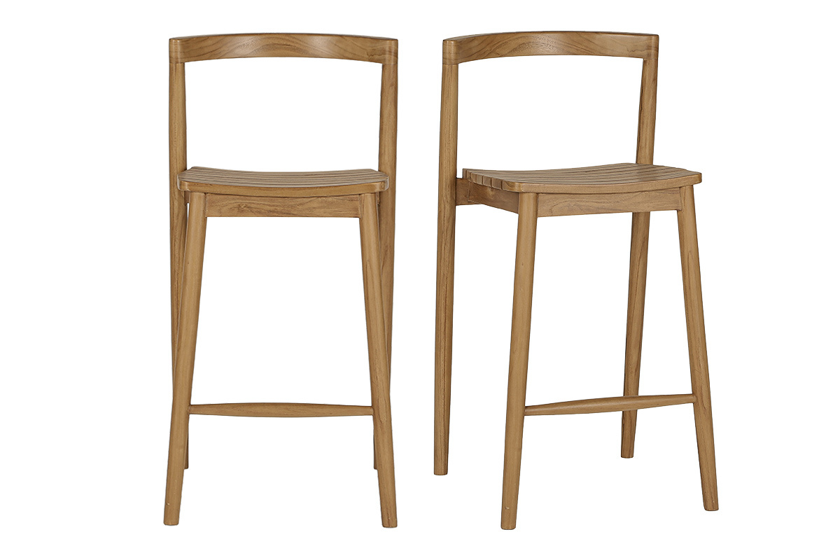 Lot de 2 tabourets de jardin empilables en teck massif, vue de face.