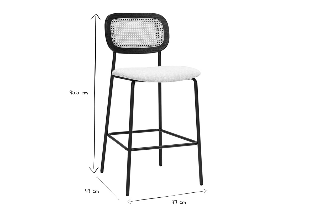 Tabourets design en tissu beige et m�tal noir, dossier cannage, dimensions L47 x P49 x H95,5 cm, lot de 2