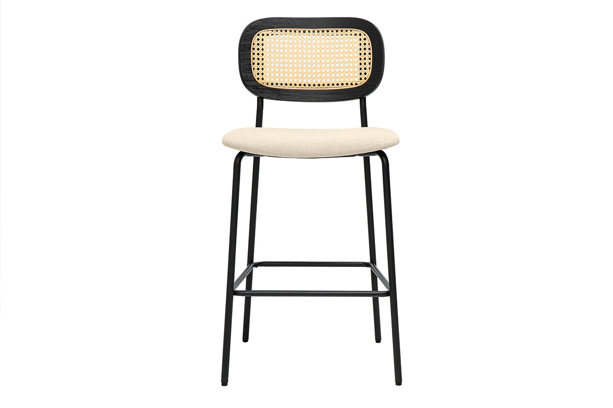 Tabourets design en tissu beige avec m�tal noir et cannage rotin, lot de 2