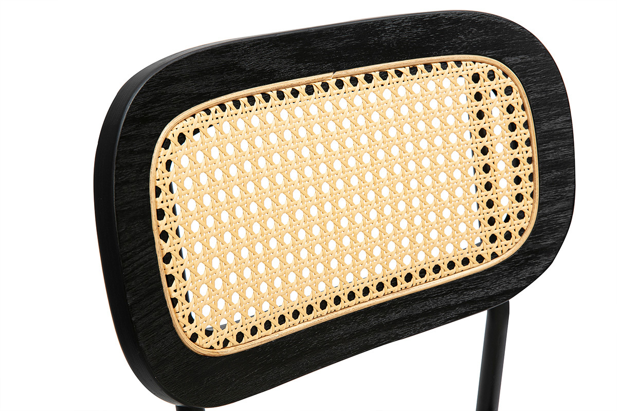 Tabourets design en tissu beige et m�tal noir, dossier en cannage rotin, lot de 2.