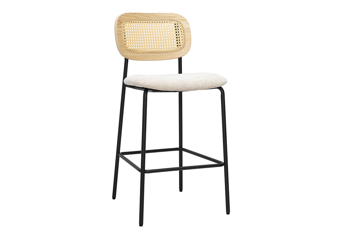 Tabouret design en tissu beige avec dossier en cannage, structure m�tal noir, vue de 3/4