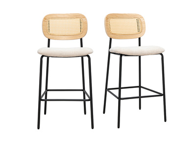Tabourets design en tissu effet velours textur&eacute; beige, m&eacute;tal noir et cannage rotin (lot de 2) MIRANDA