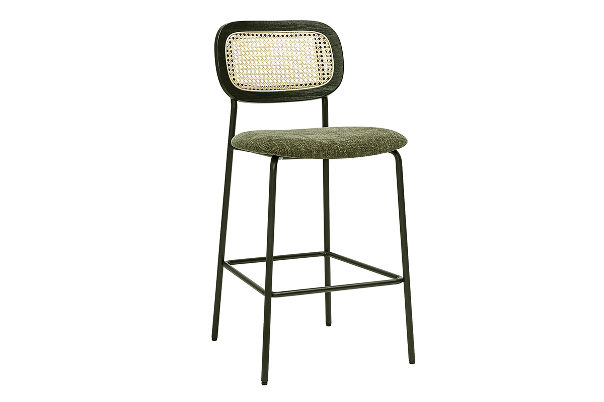 Tabourets en tissu vert kaki effet velours et cannage rotin avec pied m�tal noir, lot de 2, mod�le MIRANDA.