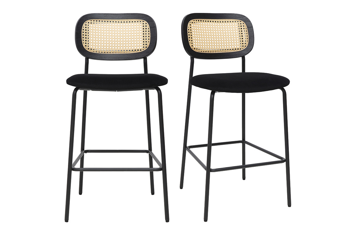 Tabourets en velours noir et cannage rotin avec structure en m�tal noir, lot de 2