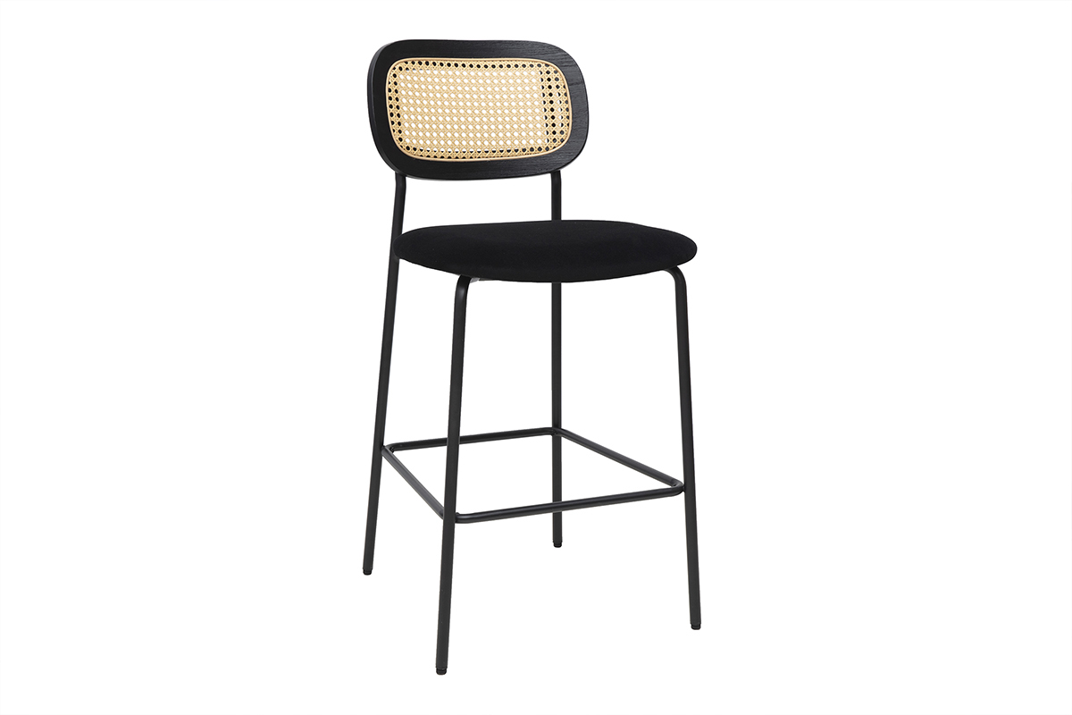 Tabourets design en velours noir, m�tal noir et cannage rotin MIRANDA (lot de 2)