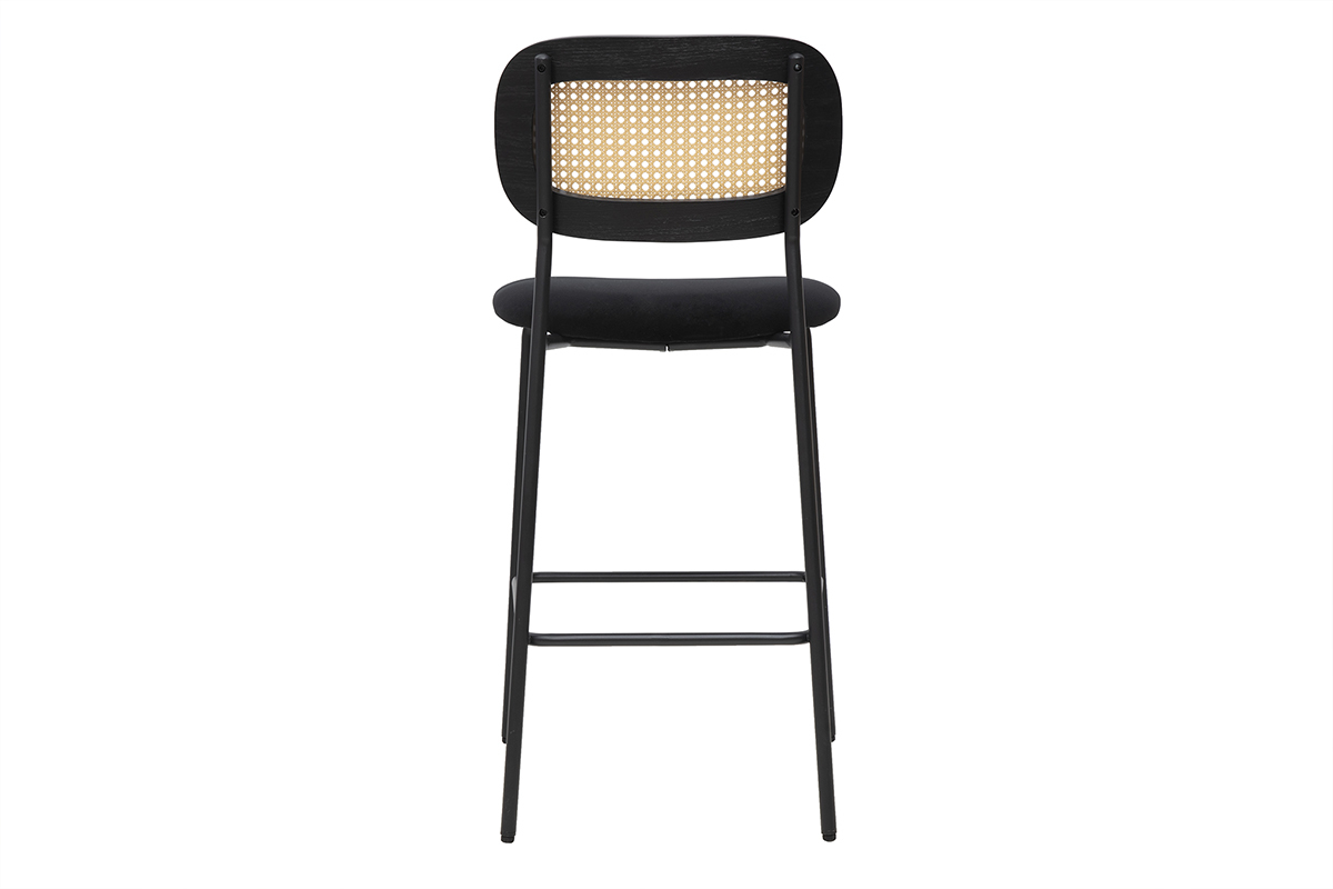 Lot de 2 tabourets design en velours noir et m�tal noir avec dossier en cannage rotin, mod�le MIRANDA.