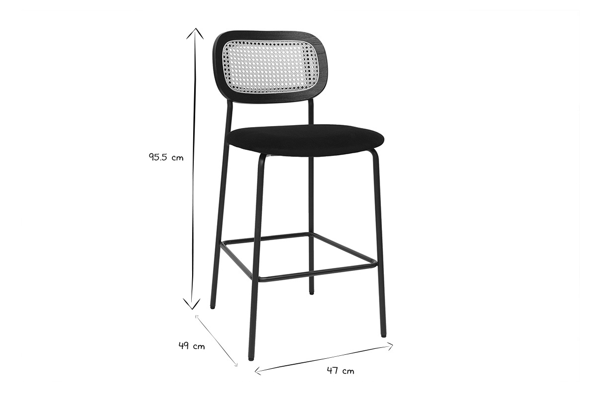 Dimensions du tabouret design en velours noir et m�tal, avec dossier en cannage rotin, mod�le MIRANDA