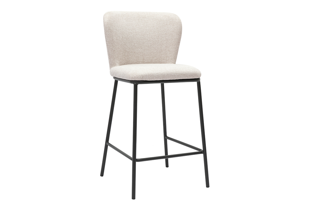 Tabouret en tissu beige effet velours et m�tal noir, vue de 3/4, design contemporain