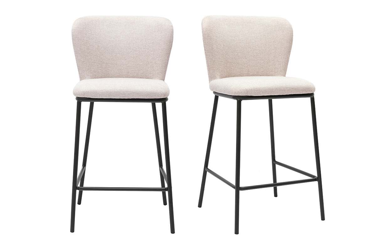 Lot de 2 tabourets en tissu beige avec structure en m�tal noir, vue de face