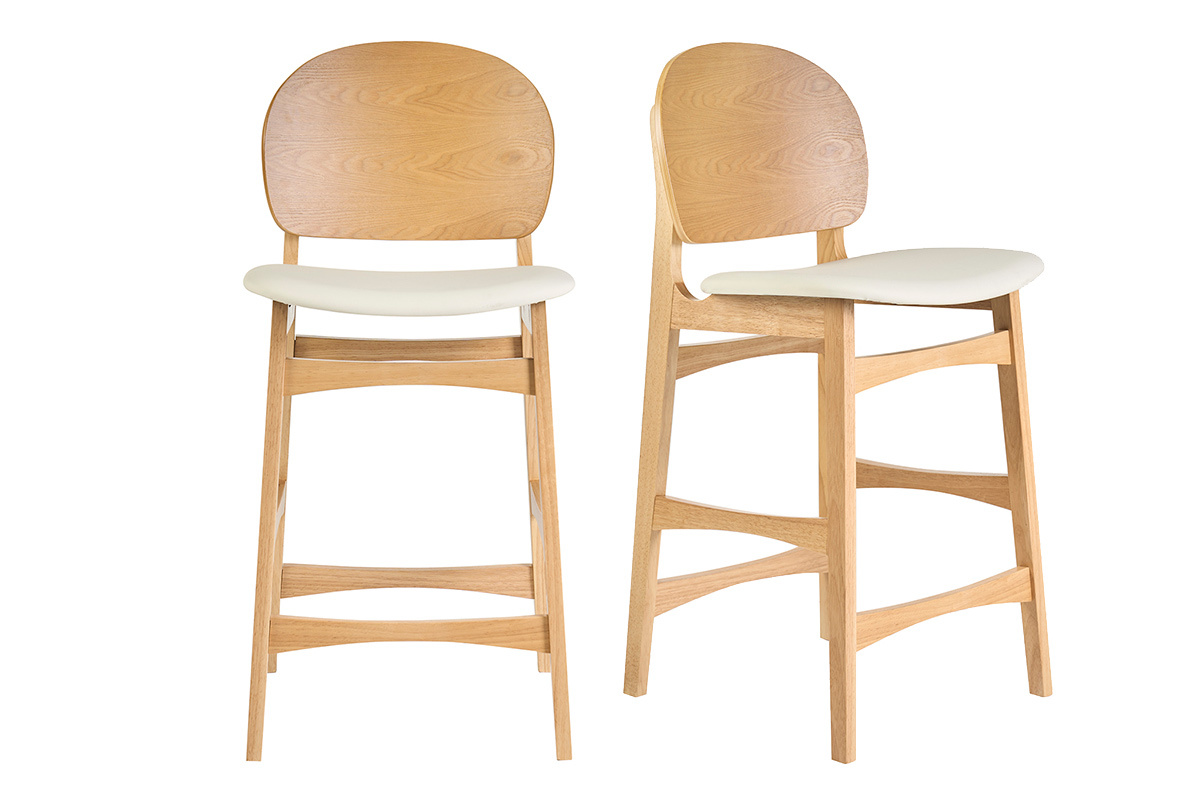 Tabourets scandinaves en bois clair fr�ne et assise blanche, lot de 2, vue de face.