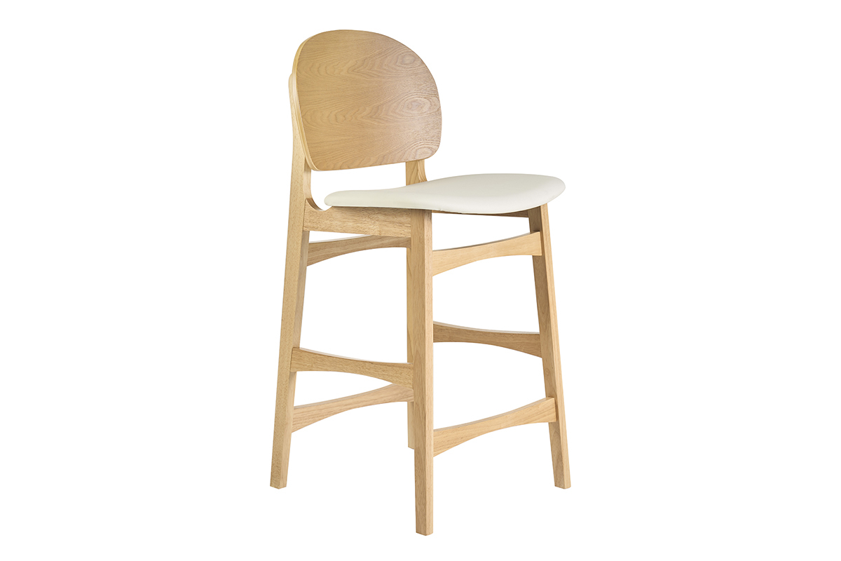 Tabouret scandinave en bois clair fr�ne et assise blanche, vue de 3/4