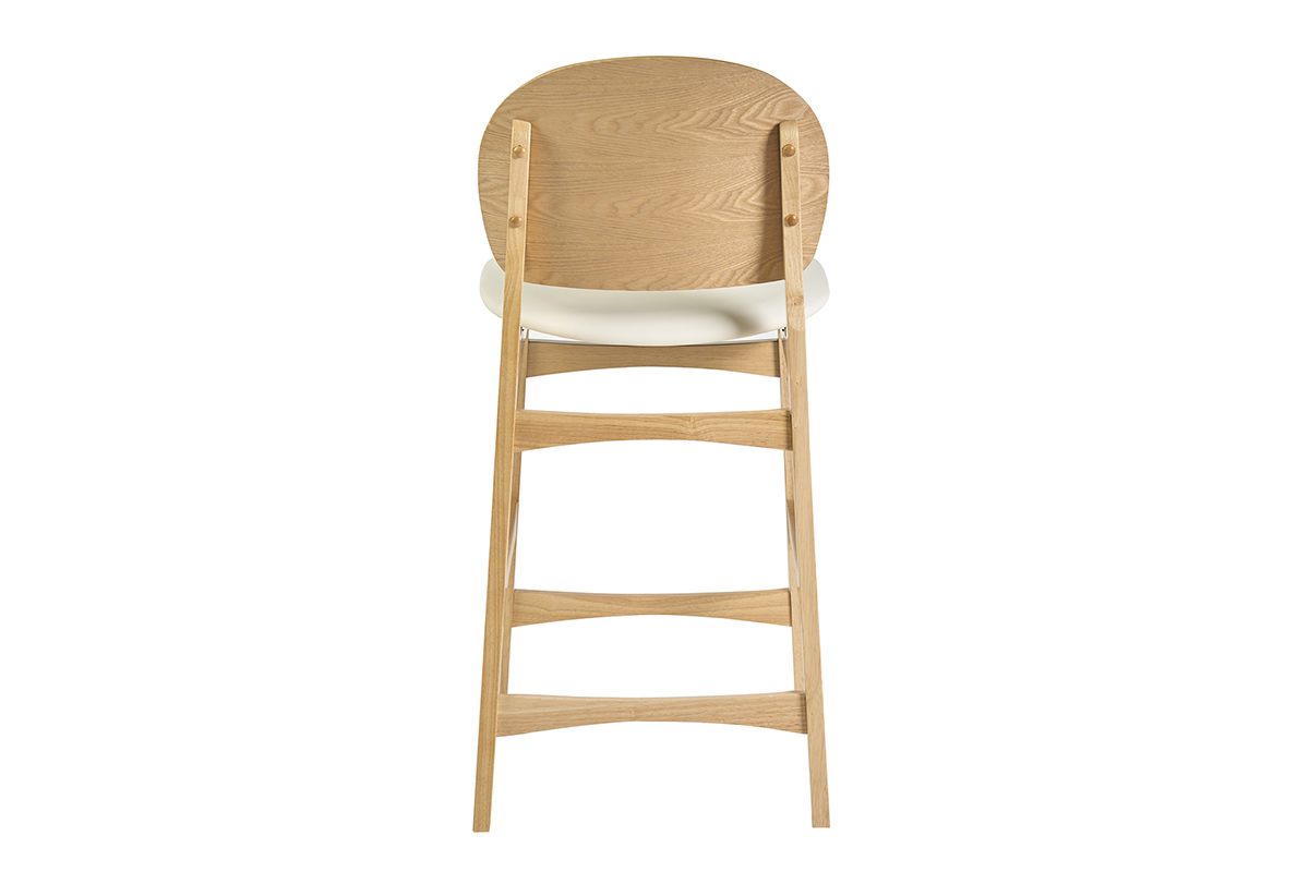 Tabouret scandinave en bois clair fr�ne et assise blanche, vue de dos.