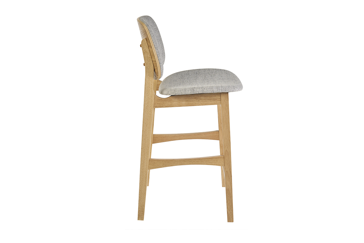 Tabouret scandinave en bois clair et tissu gris, vue de profil, hauteur 66 cm.