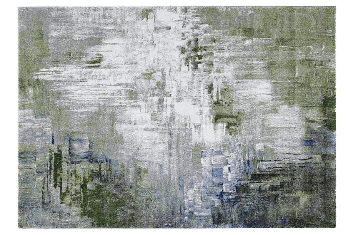 Tapis rectangulaire abstrait 160 x 230 cm avec motifs en tons verts et gris, vue de face.
