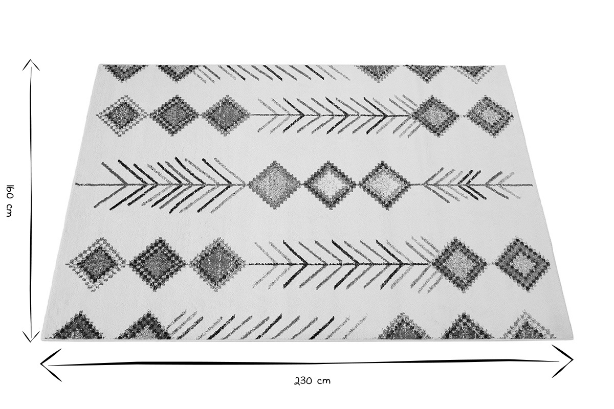 Dimensions d'un tapis en noir et blanc, 230 cm par 160 cm.