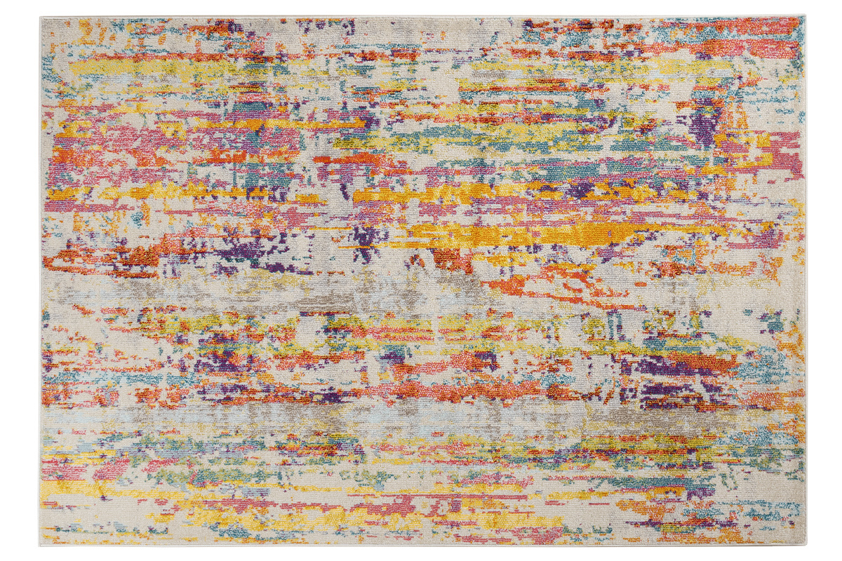 Tapis rectangulaire multicolore 160 x 230 cm avec motifs abstraits et couleurs vives, vue de dessus.