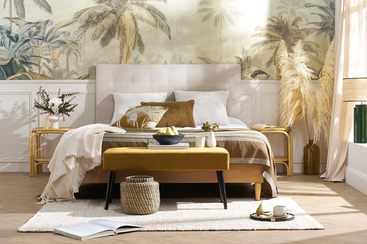 T�te de lit capitonn�e en tissu beige clair naturel L160 cm HALCIONA