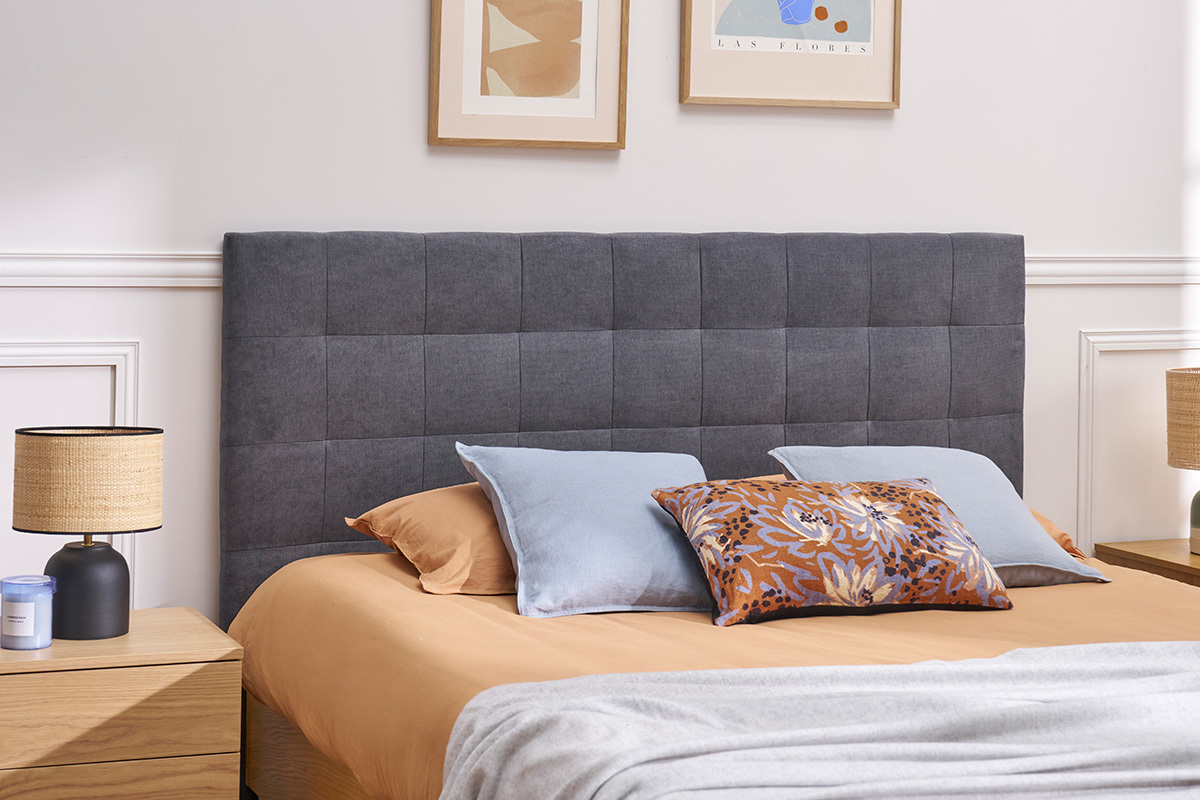 T�te de lit capitonn�e en tissu gris anthracite L180 cm HALCIONA