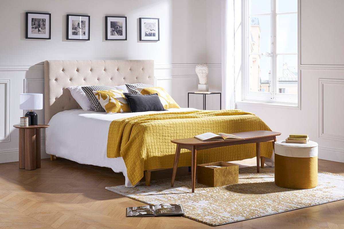 T�te de lit capitonn�e en tissu velours bleu nuit L160 cm ENGUERRAND