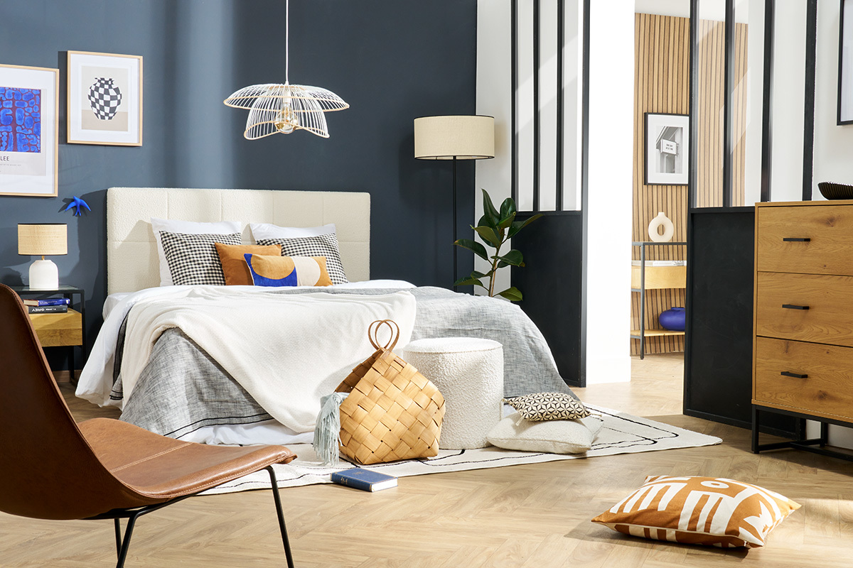 T�te de lit en tissu effet laine boucl�e blanc L160 cm CLOVIS