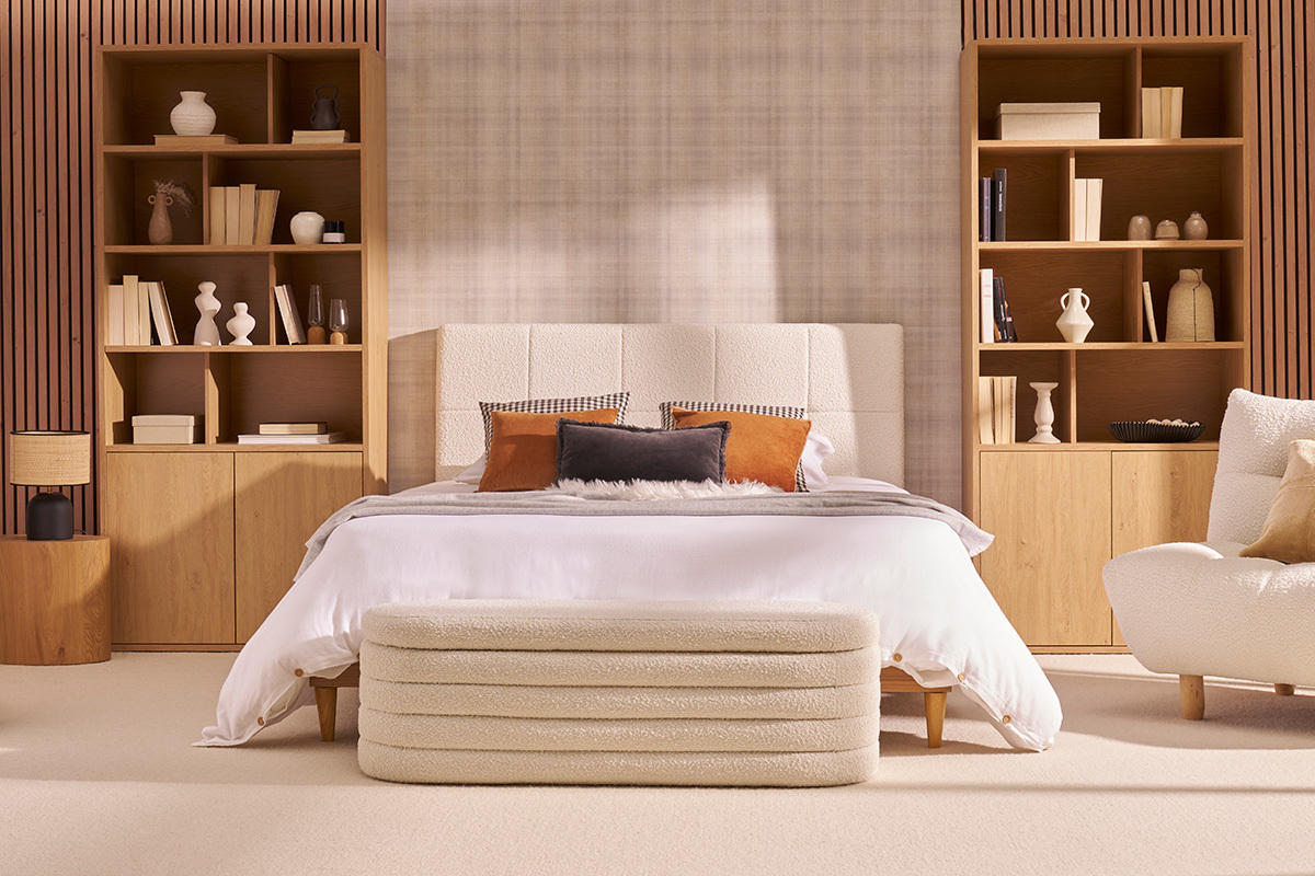 T�te de lit en tissu effet laine boucl�e blanc L160 cm CLOVIS