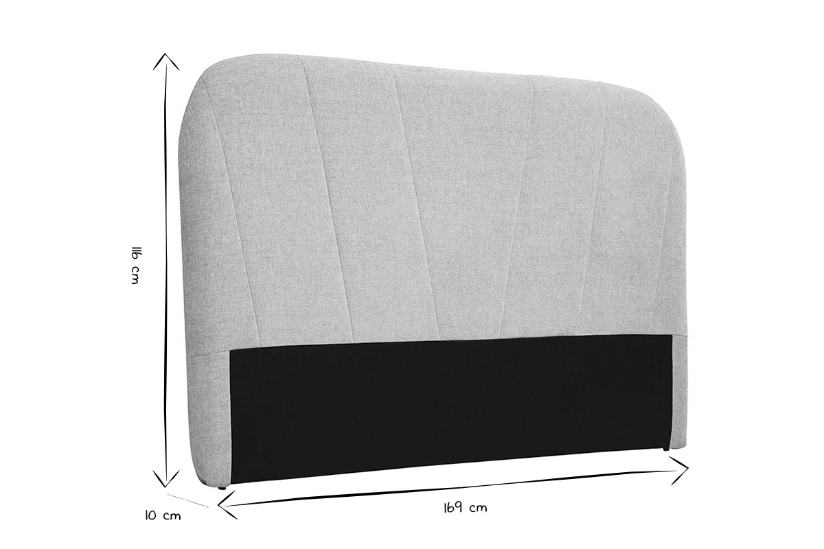 T�te de lit en tissu effet velours textur� beige, dimensions: L169 cm, H116 cm, P10 cm, en noir et blanc.