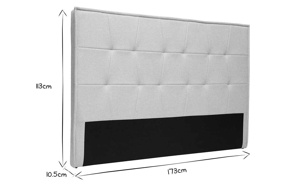 Dimensions de la t�te de lit tissu effet velours, noir et blanc, vue de trois quarts, 173x10,5x113 cm.