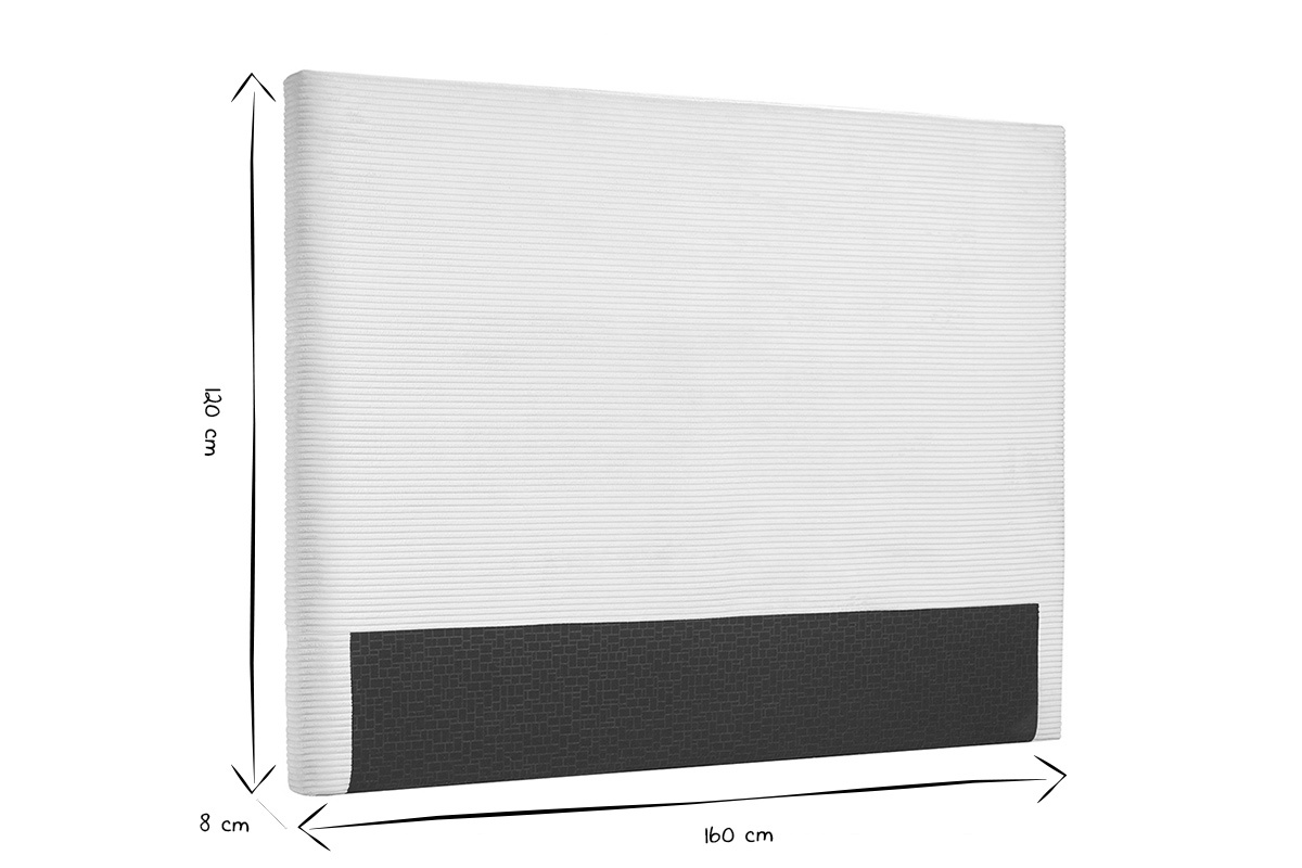 Dimensions de la t�te de lit en velours c�tel� noir et blanc, L160 x P8 x H120 cm, vue de c�t�.