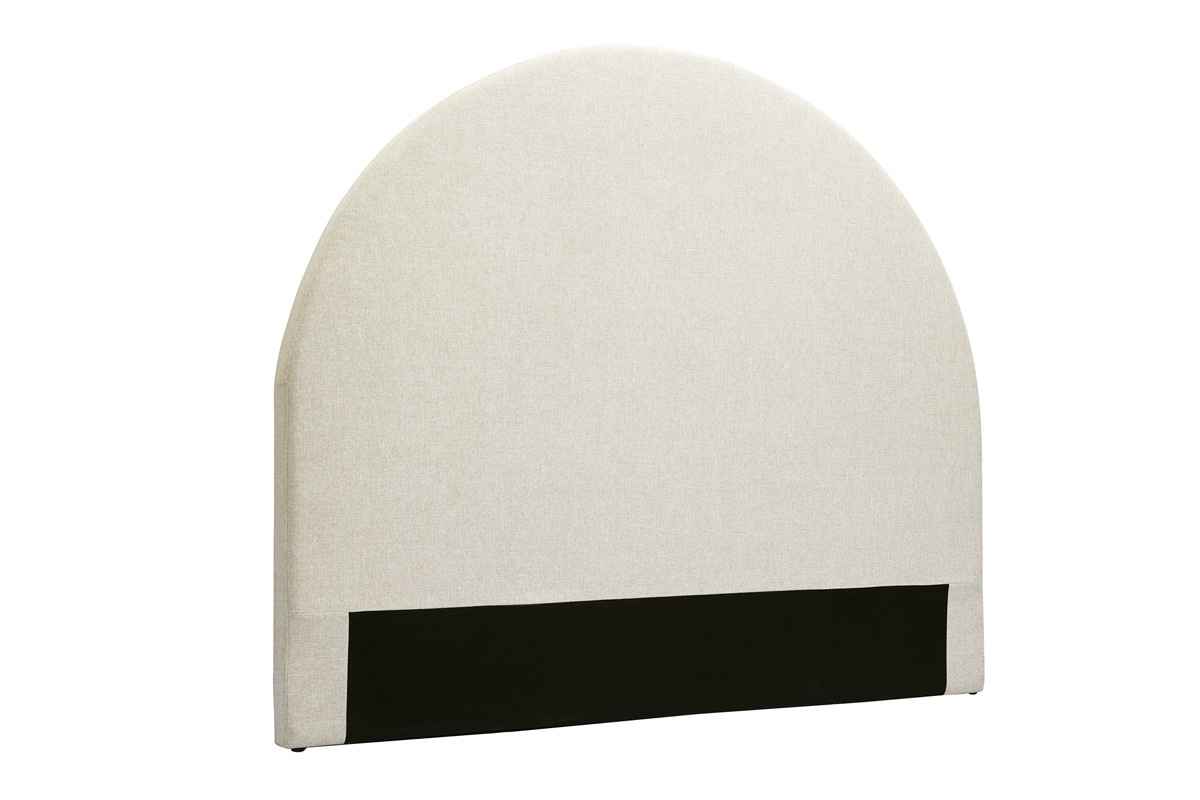 T�te de lit ronde en tissu beige, vue de trois quarts.