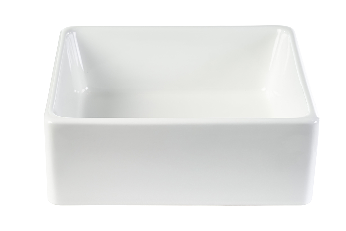 Vasque carr�e en c�ramique blanche, vue de face, dimensions L39 x P39 x H14 cm