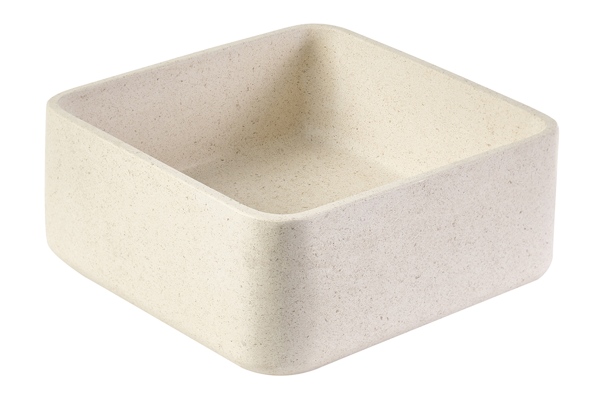 Vasque carr�e en pierre naturelle beige de 30 cm, vue de 3/4 avec angles arrondis.