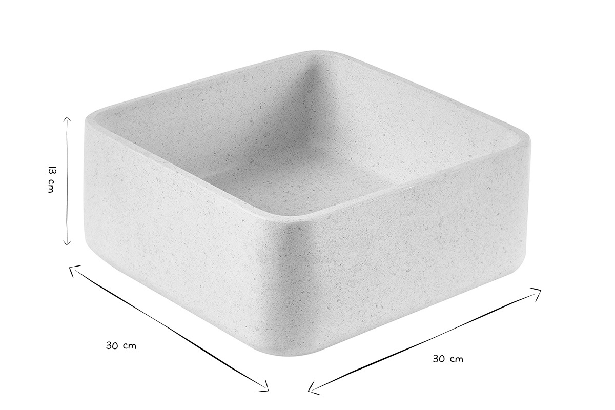 Vasque carr�e en pierre naturelle beige 30x30x13 cm, vue en noir et blanc, dimensions affich�es
