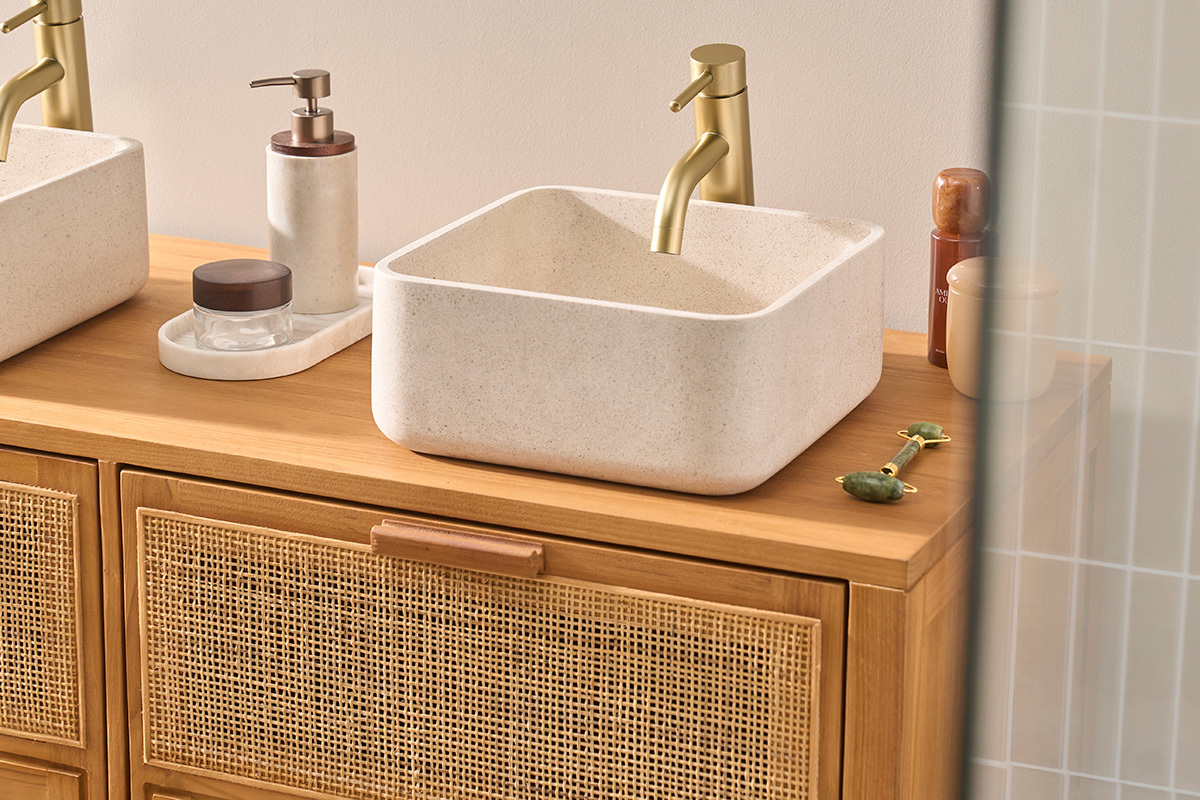 Vasque carr�e en pierre naturelle beige L30 cm FENG