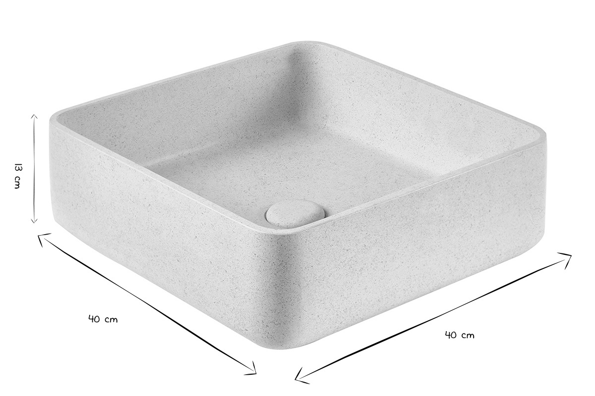 Vasque carr�e en pierre naturelle beige, dimensions L40 x P40 x H13 cm, en noir et blanc.