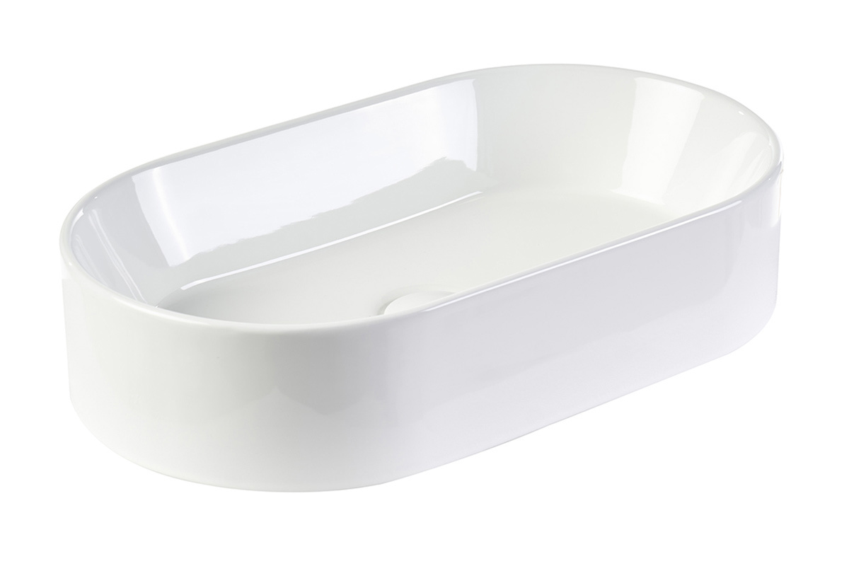 Vasque ovale en c�ramique blanche, vue de 3/4, dimensions L52.5 cm, design minimaliste.