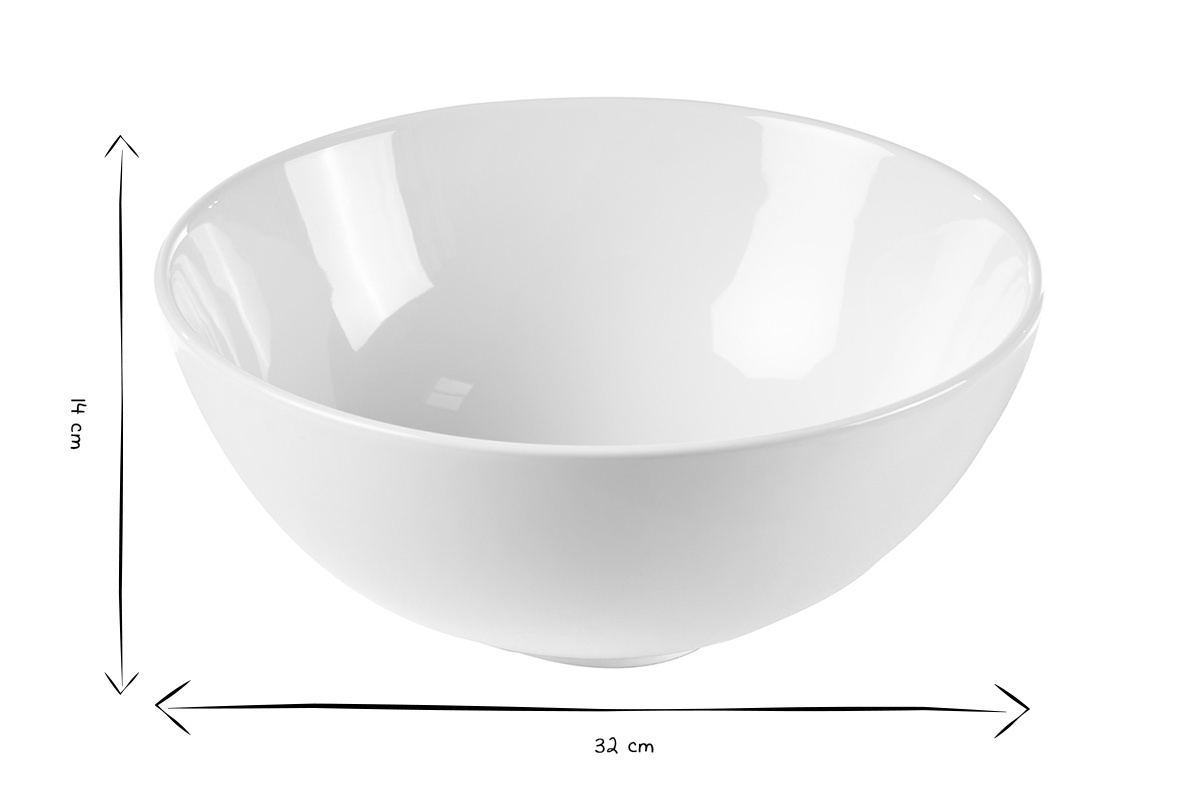 Vasque ronde en c�ramique blanche vue de face avec dimensions D32 cm H14 cm en noir et blanc.