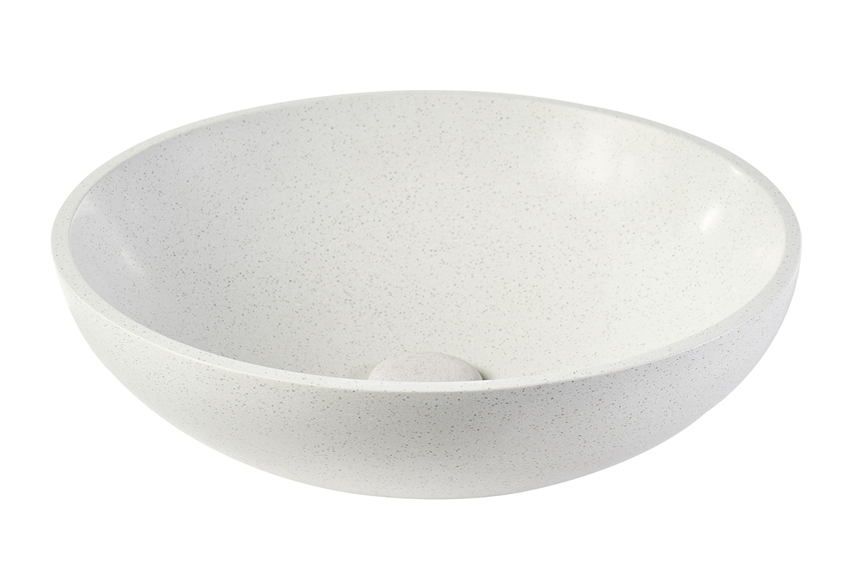 Vasque ronde en terrazzo gris, diam�tre 40 cm, vue de face, style �pur� et moderne.