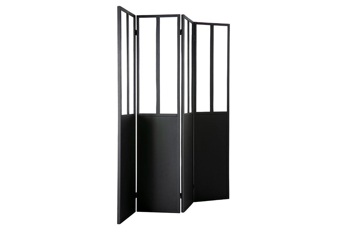 Verri�re atelier paravent industriel en m�tal noir et verre 4 vantaux L160 cm RACK